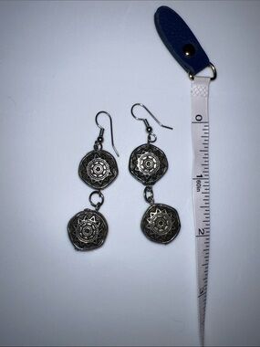 Intricate Silver-Tone Double Medallion Drop Earrings - Women Jewelry